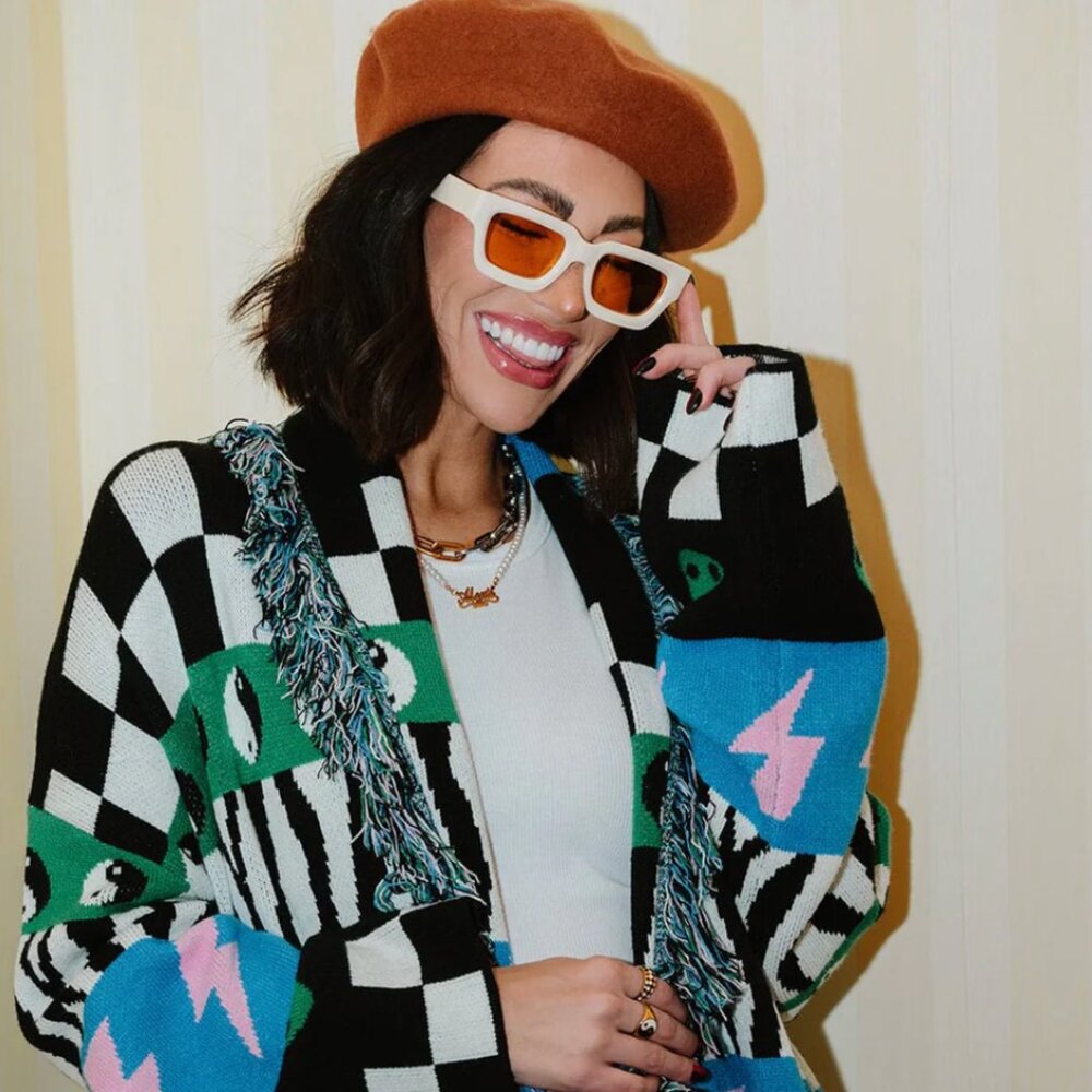 Dress in LALA Luxe Fringe Blanket Cardigan in Wonderstruck Size L/XL